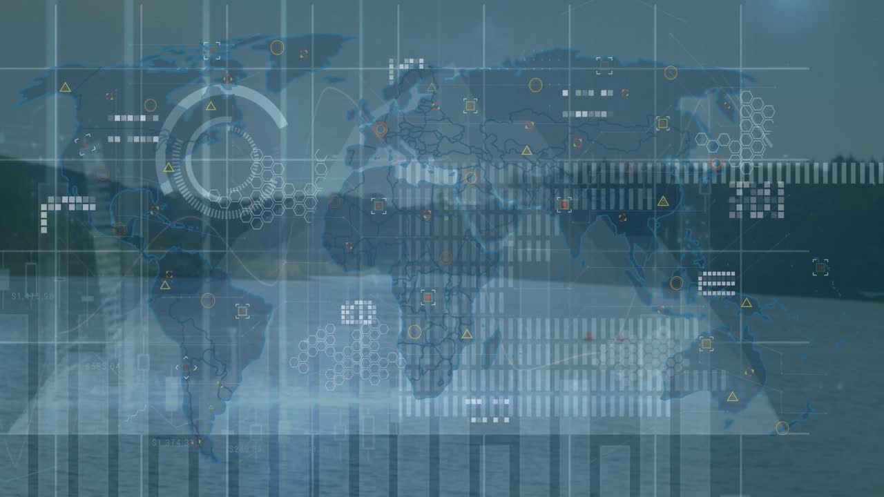Animation of graphs and world map on grey background