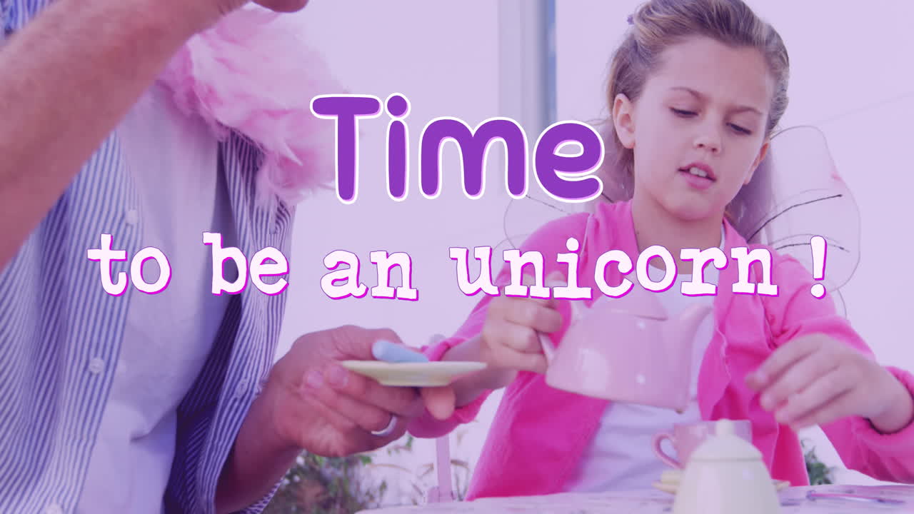 Animation of time to be an unicorn text over happy caucasian father with daughter playing