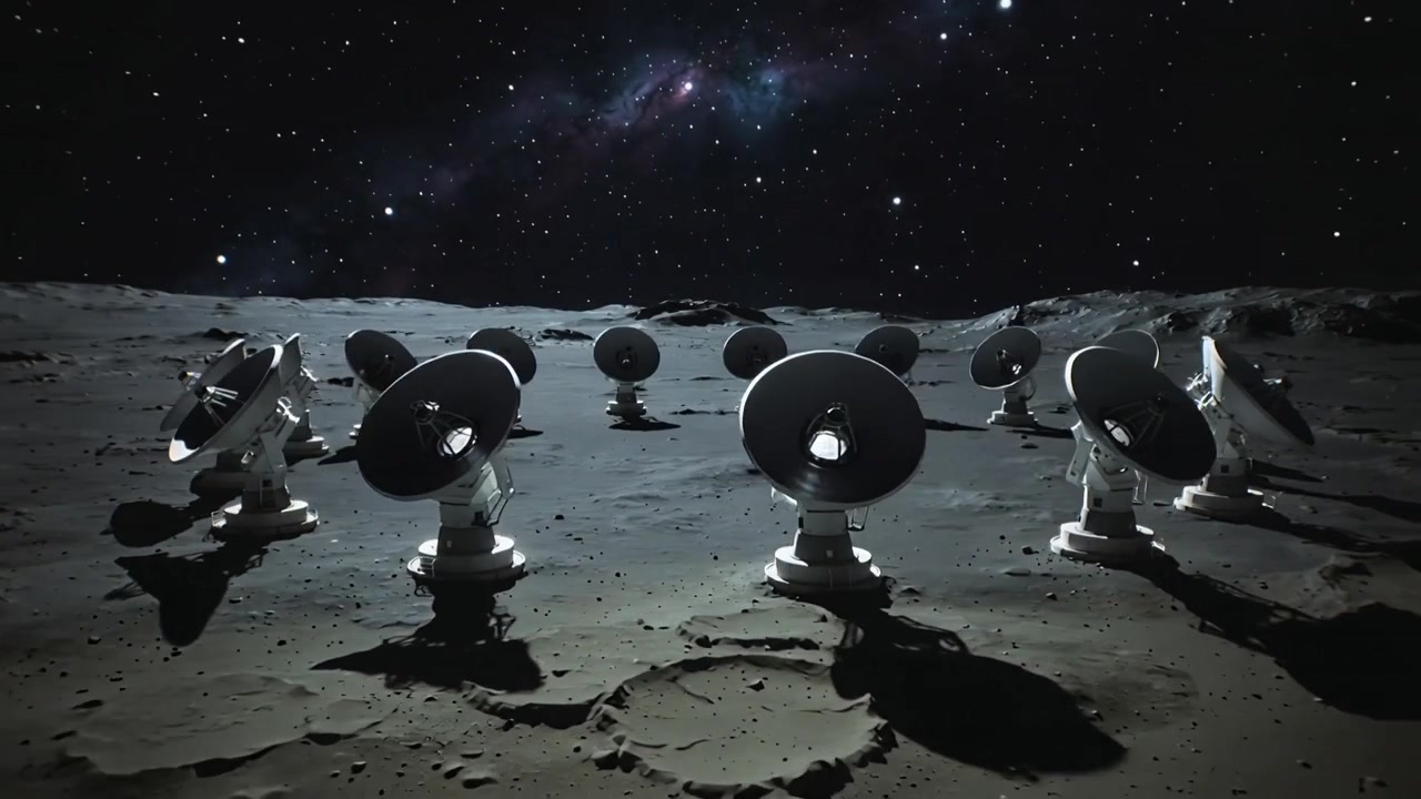 Antena parabólica giratória ajustando-se para rastrear um sinal enquanto a câmera se afasta sobre a planície lunar, Via Láctea