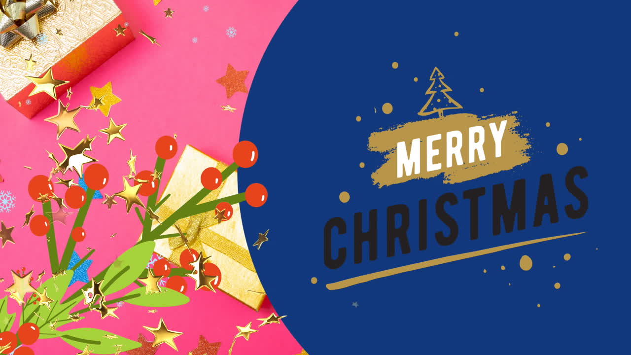 animación del texto de feliz navidad con árbol y estrellas doradas cayendo sobre las decoraciones navideñas