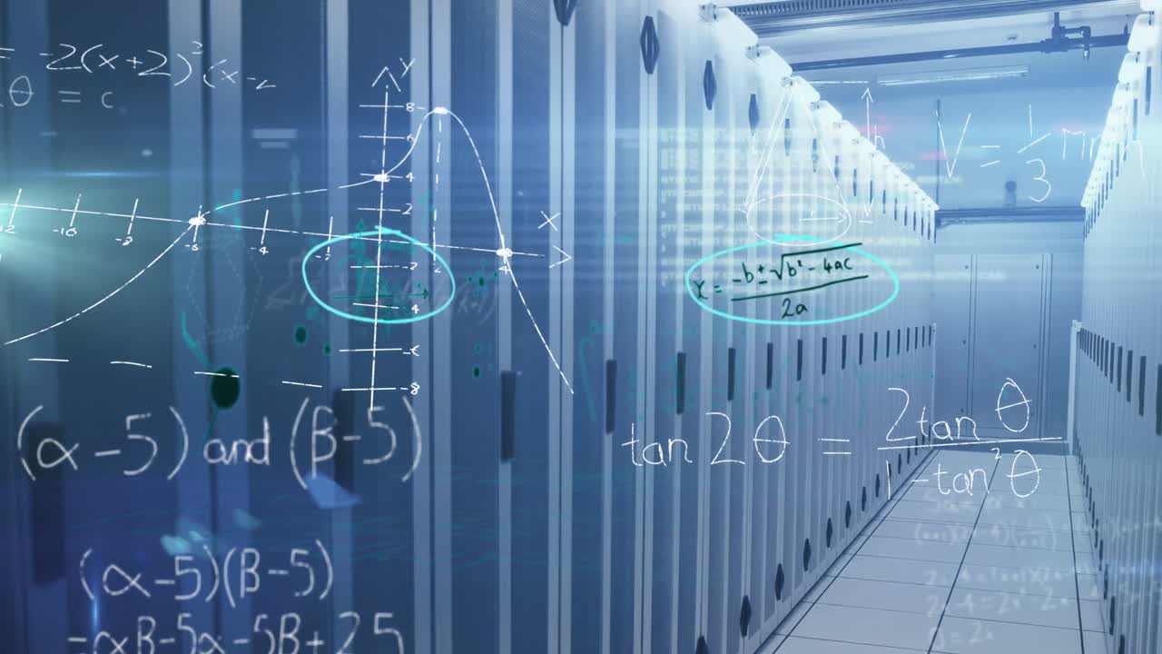 Mathematical equations against empty server room