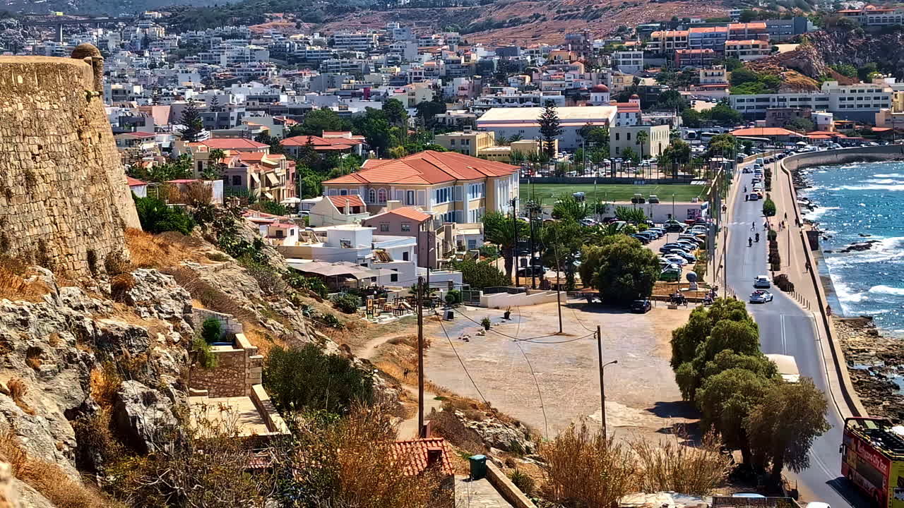 View of the Rethymno, Crete, Greece coastline as seen from the Venetian Fortezza Castle citadel