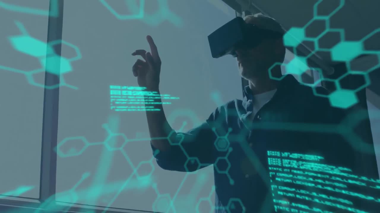 datos científicos con un hombre con auriculares en el fondo