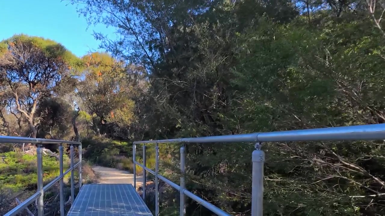 First-person perspective walking across a metal bridge on a bushwalking trail in Wentworth Falls.