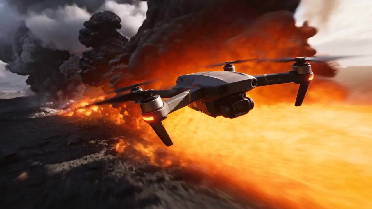 Menanggapi letusan, quadcopter terbang rendah menuju aliran lava di atas dataran lava dengan kamera gimbal.