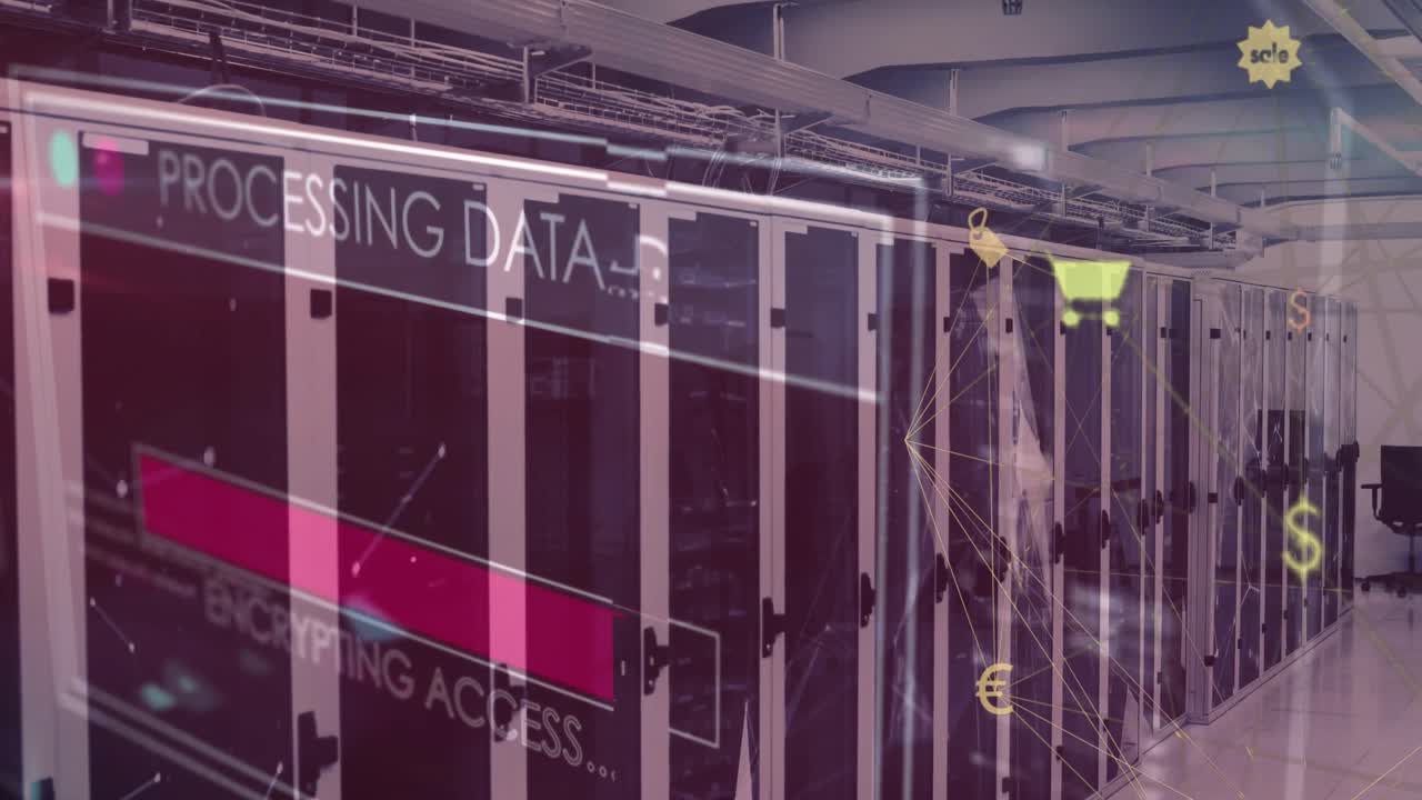 animación del procesamiento de datos y los iconos de los medios en la sala del servidor