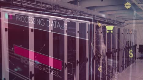 animation of data processing and media icons over server room