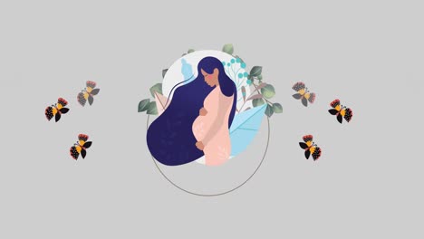 animation of pregnant woman, butterflies and flowers moving in hypnotic motion on grey