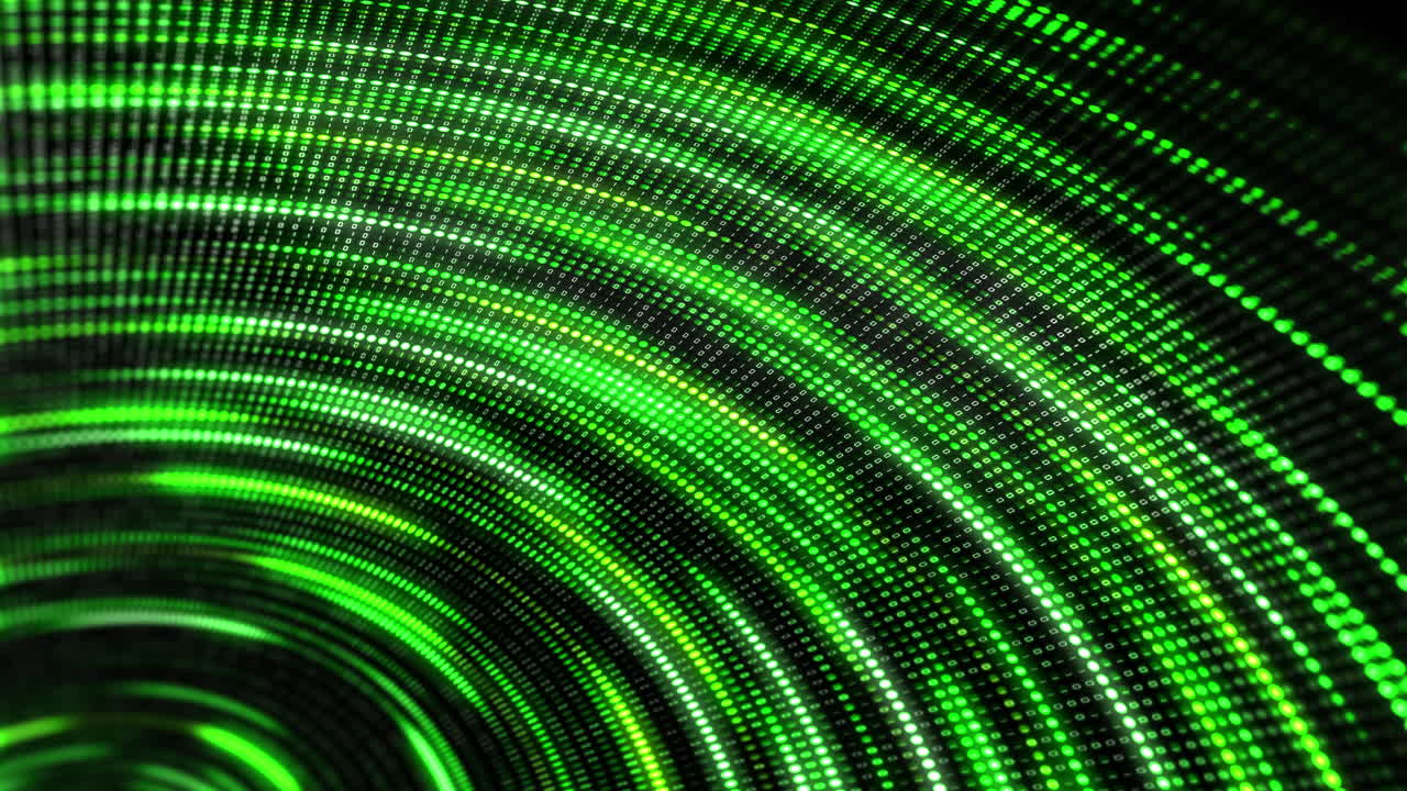 Green dots and binary code abstract background with glowing lines moving in circle. Looped animation. Digital vortex of pixels.