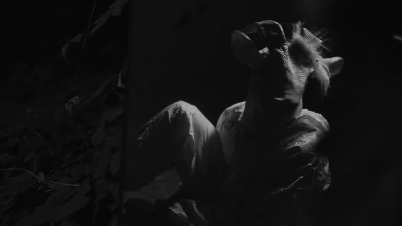 Person Wearing Deer Mask in Dark Forest