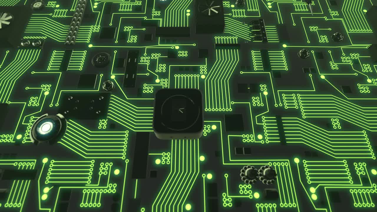 하드 드라이브 아이콘이 있는 초록색으로 조명된 미래의 회로판