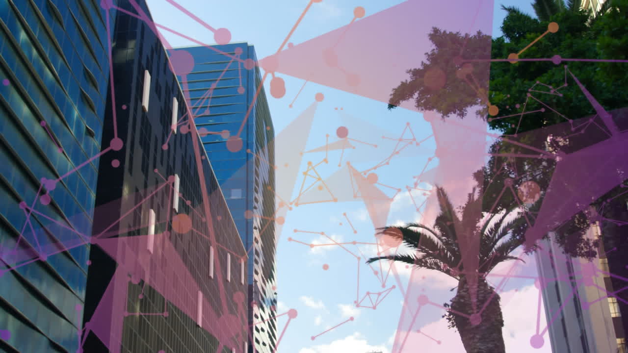 animación de redes de plexo contra vista de ángulo bajo de edificios altos y cielo azul