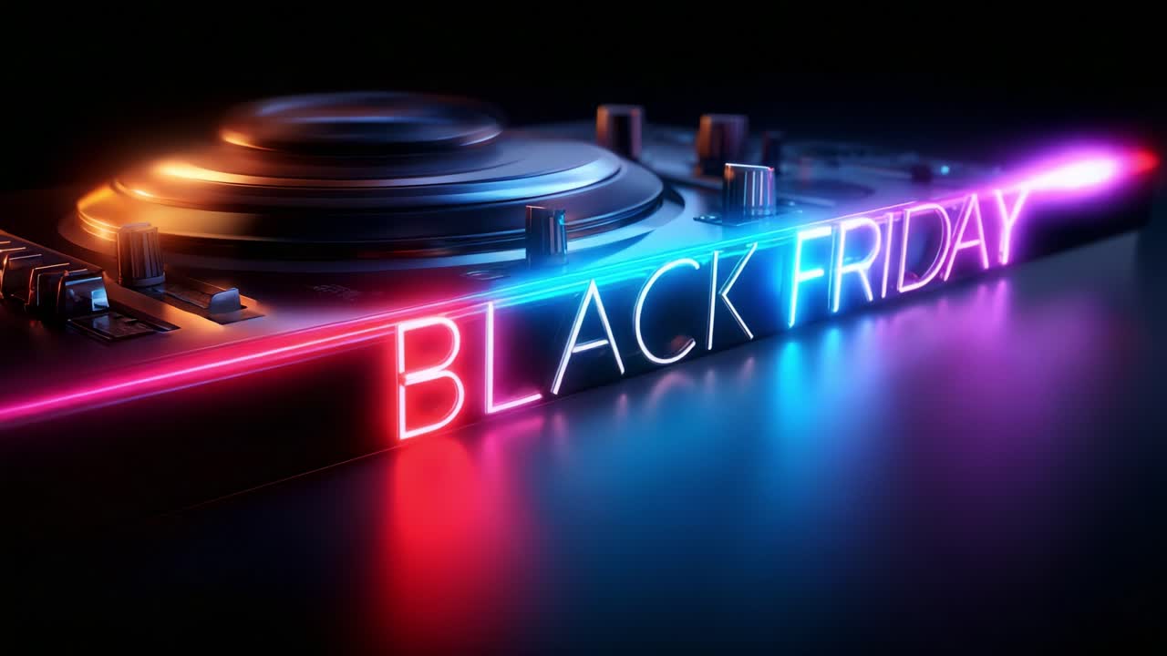 Vivace insegna al neon per il Black Friday su vetrina girevole con bagliori colorati che catturano lo spirito delle vendite e delle promozioni, perfetta per celebrare l'entusiasmo dello shopping festivo