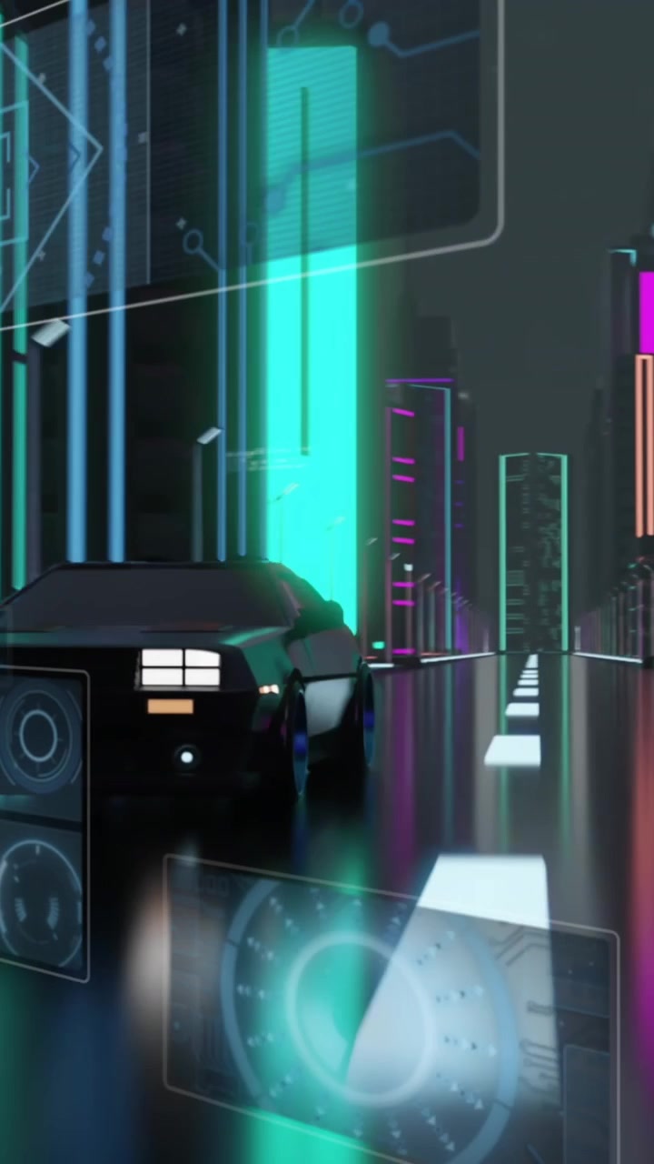 Animation of digital interface with scopes over car driving