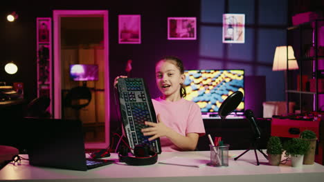 Kid-influencer-in-studio-using-camera-to-review-gaming-keyboard,-mouse-and-headphones