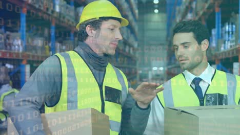 animación de codificación binaria sobre trabajadores masculinos del almacén