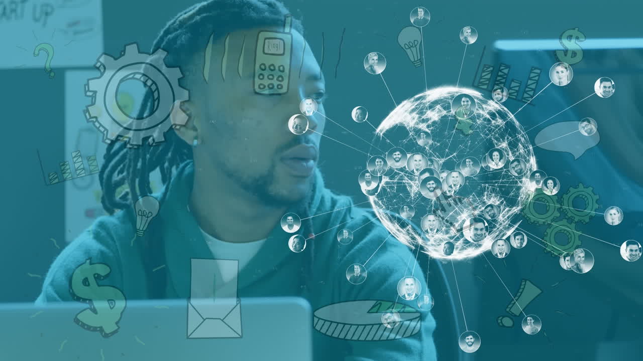 Animation of network of connections and media icons over businessman at desk using computer