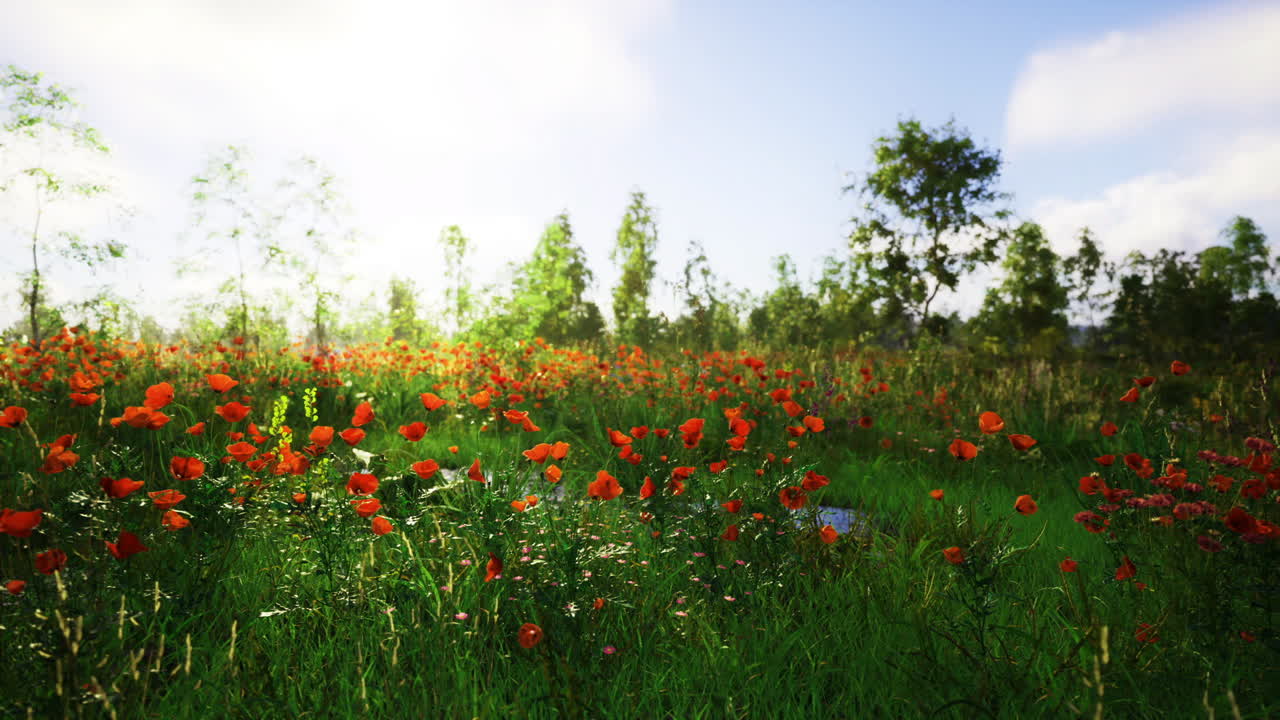 Energetic and vibrant poppy meadow with clear weather and uplifting ambiance