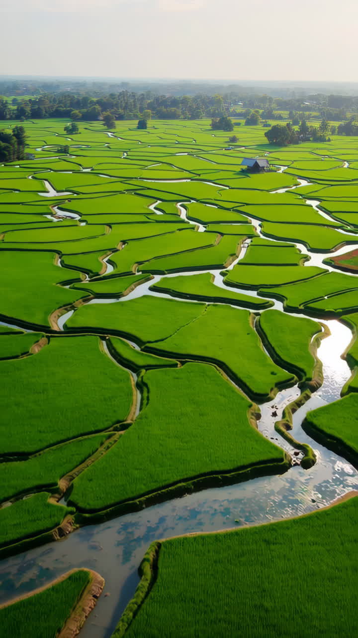 Aerial View of a Lush Rice Paddy Field