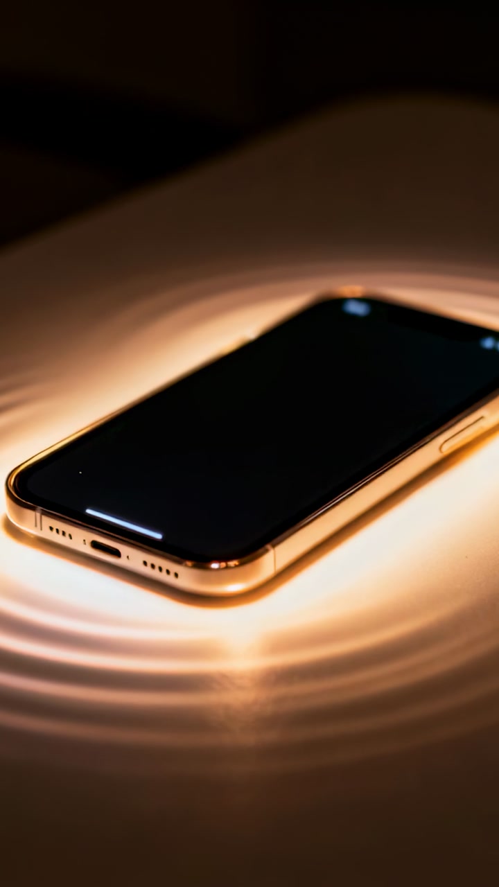 Smartphone sitting on surface while off-frame light pulsing, forming warm rings for tech marketing