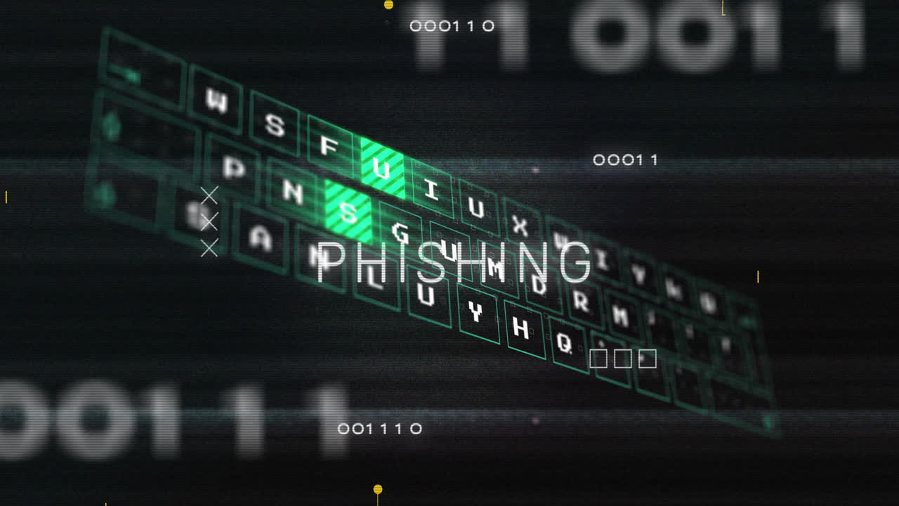 Animation of keyboard cutout on phishing text, binary code, glitch technique, circuit board pattern