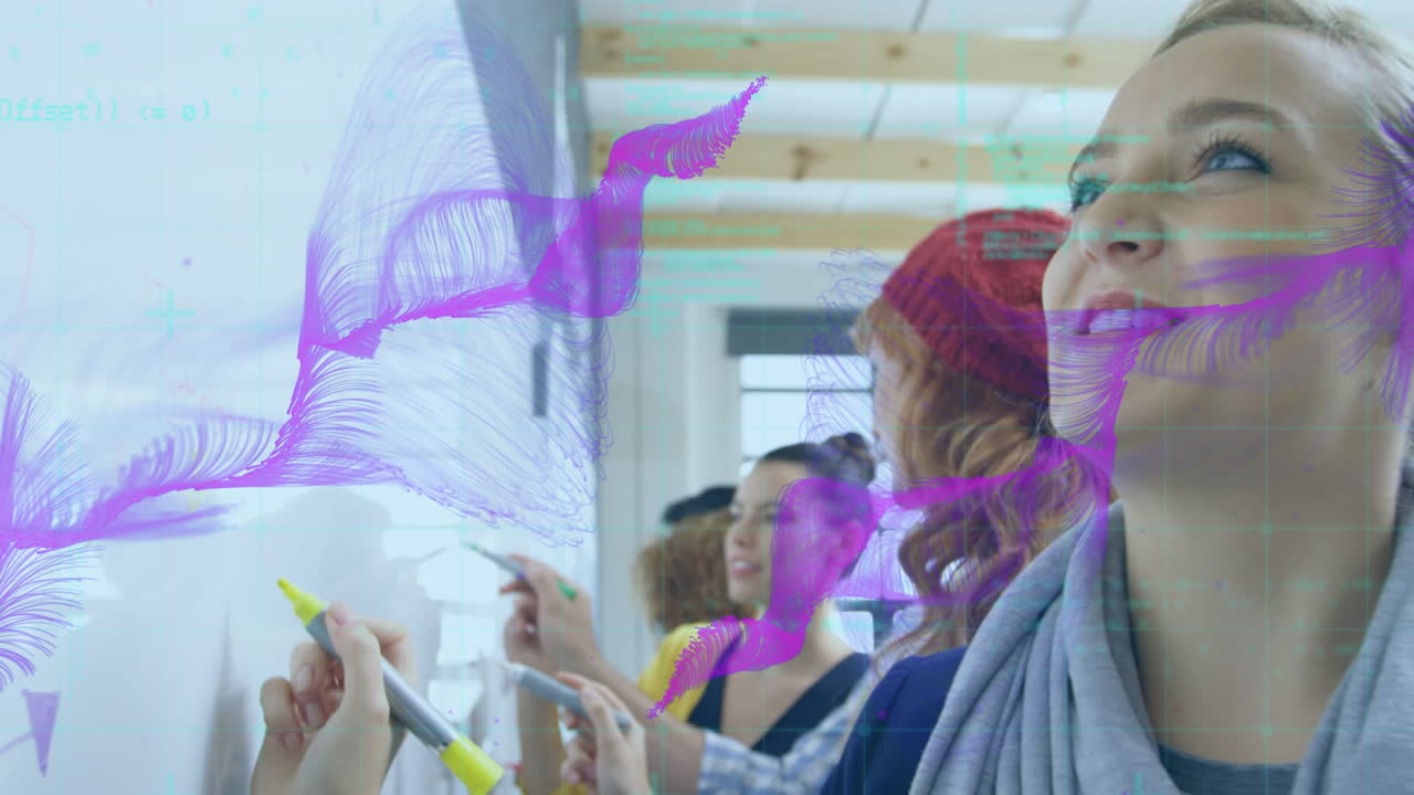 Animation of purple waves and happy caucasian woman writing on board in office