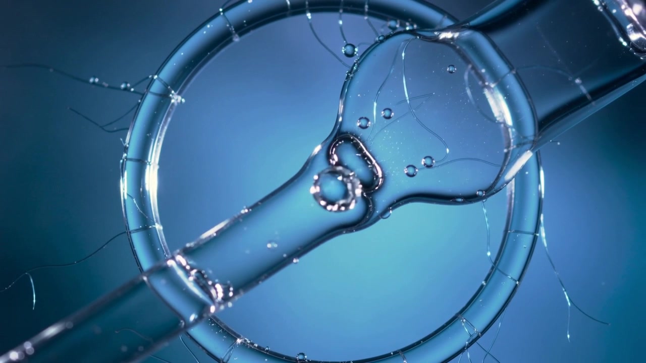 Goccioline trasparenti che si fondono per tensione superficiale su un tubo al centro di un anello, tra filamenti blu da studio.