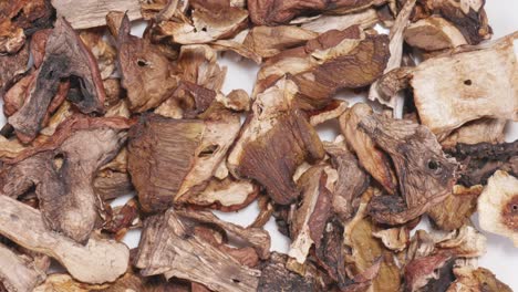 dried mushrooms close-up rotate. view from the top to the mushrooms