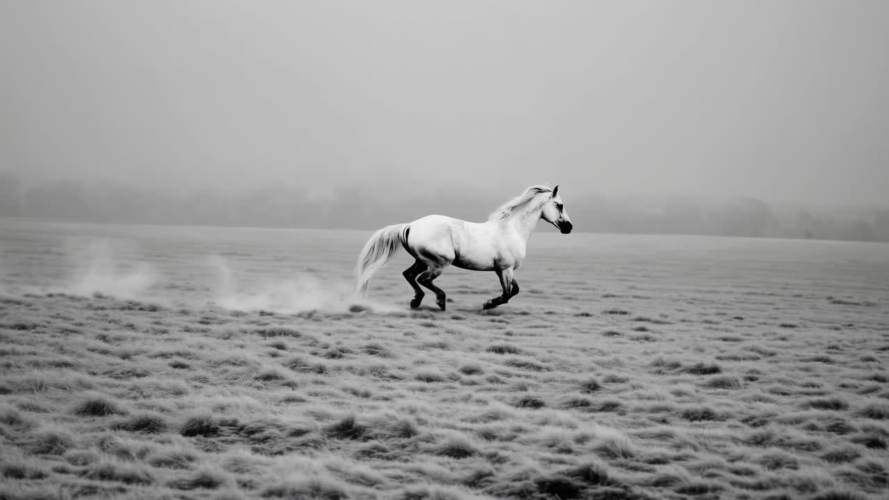 A majestic white horse gallops across a misty field in black and white ...