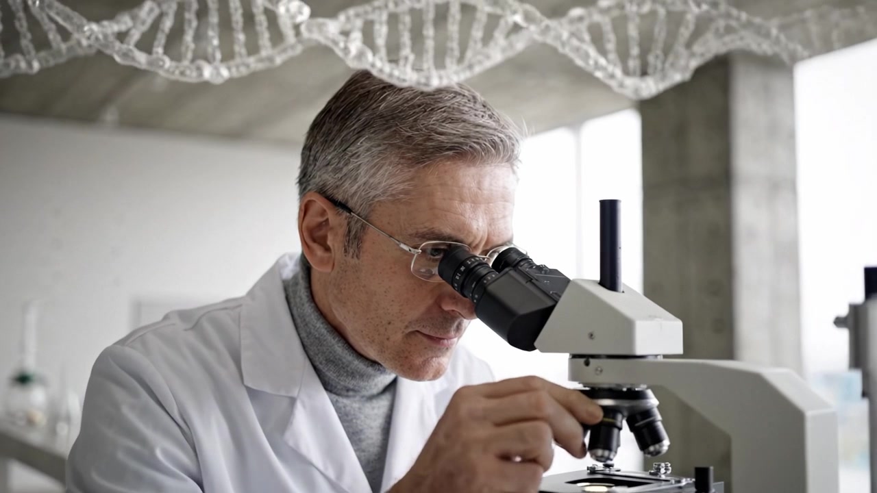 Scientist Examining DNA Structure Under Microscope in Modern Laboratory Setting with Focused Expression and Clear Determination in Each Frame