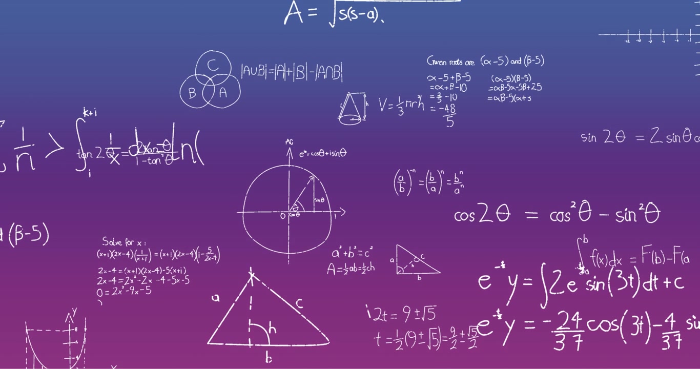 Animation of handwritten mathematical formulae over blue to purple background