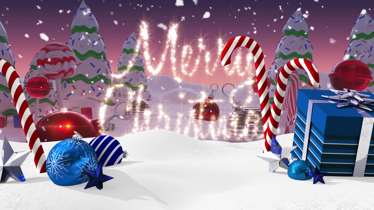 This animation shows a blue gift box, candy canes, and bauble decorations against a winter landscape