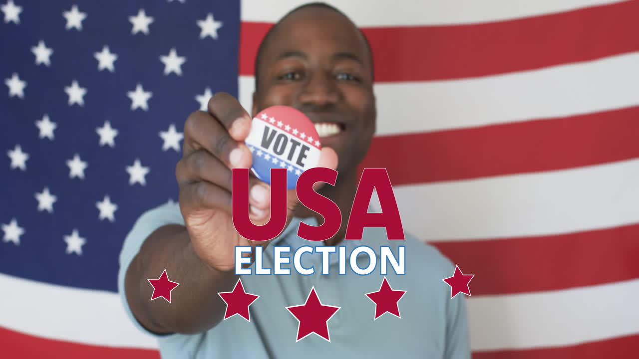 Holding Vote badge with USA election text, person smiling over flag background
