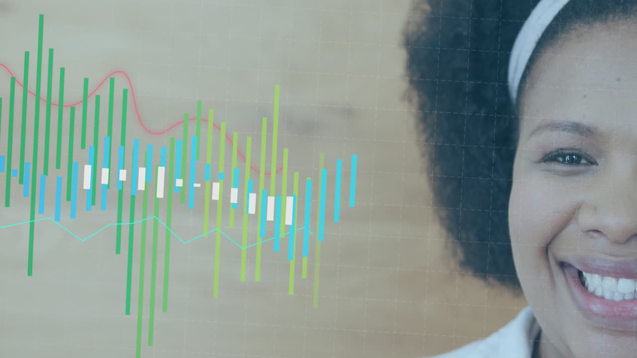 animación de procesamiento de datos contra el retrato de la mitad de la cara de una mujer biracial sonriente