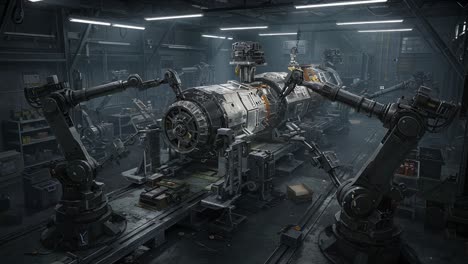 futuristic spacecraft assembly in high-tech workshop: advanced robotics and mechanisms in a dimly lit futuristic environment