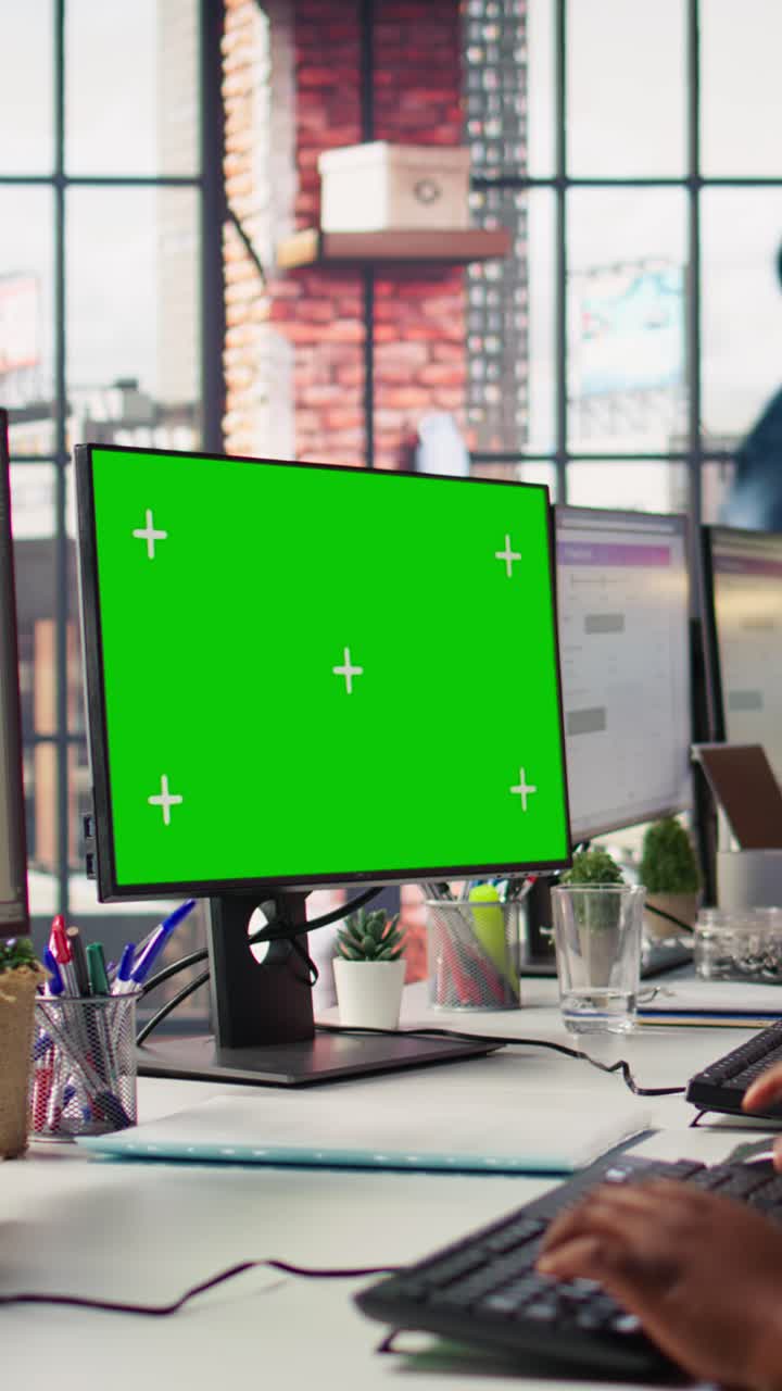 Vertical video Call center agent providing live chat support using green screen PC