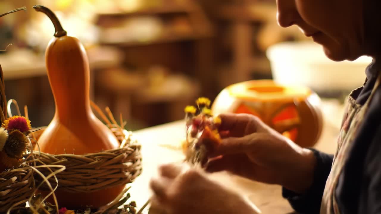 Crafting Autumn Beauty: A Close-Up of a Skilled Artisan Delicately Weaving Natural Elements into a Seasonal Masterpiece with Gourds and Decorative Touches