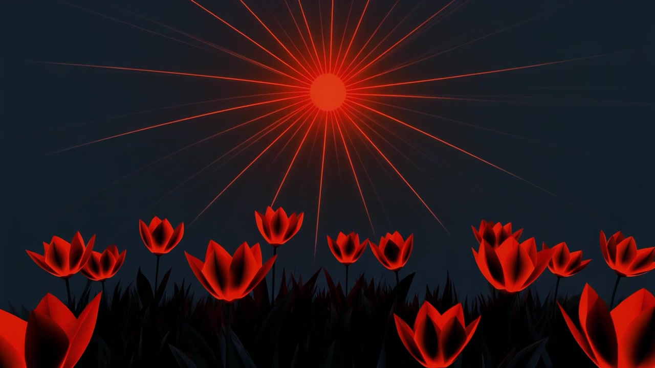 Hehkuvat punaiset tulppaanit säteilevän auringon alla pimeässä maisemassa