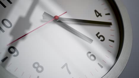 close up of a ticking clock on white background, window reflection