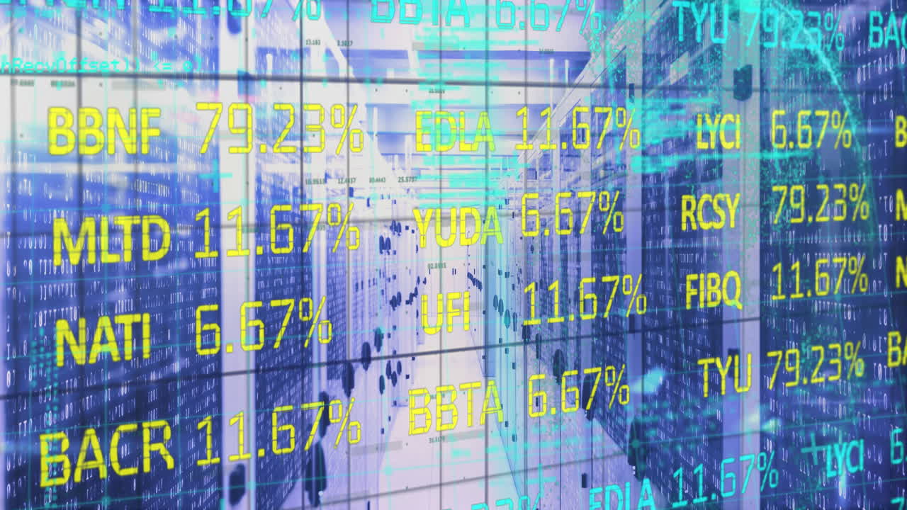 Animation of financial data processing over server room