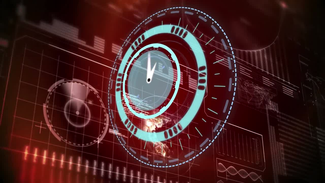 Animation of scope scanning with clock over data processing on red background