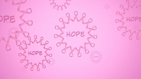 Animation-of-multiple-pink-ribbon-logo-and-hope-text-flying-on-pink-background