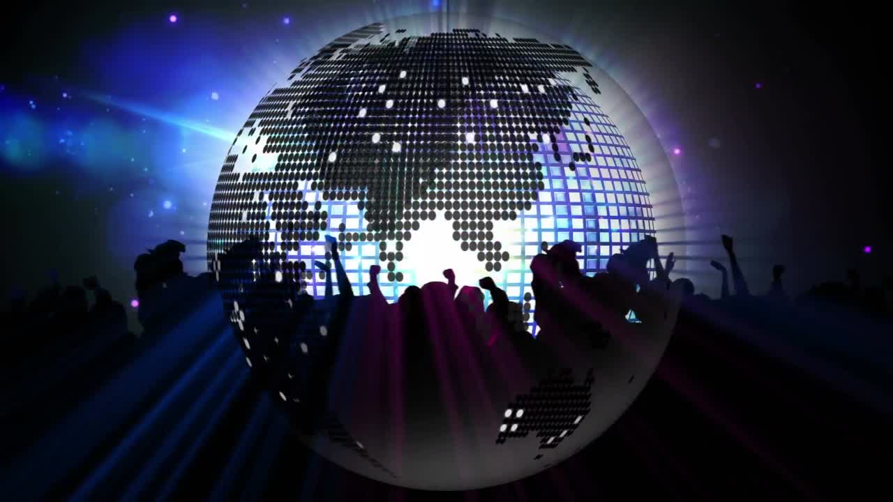 animación del globo de la bola de espejo, los reflectores y la multitud bailando