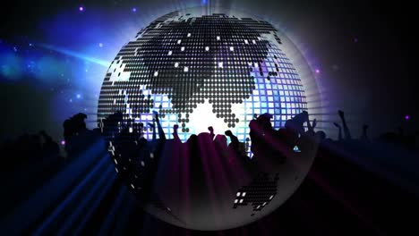 Animation-of-mirror-ball-globe,-spotlights-and-dancing-crowd