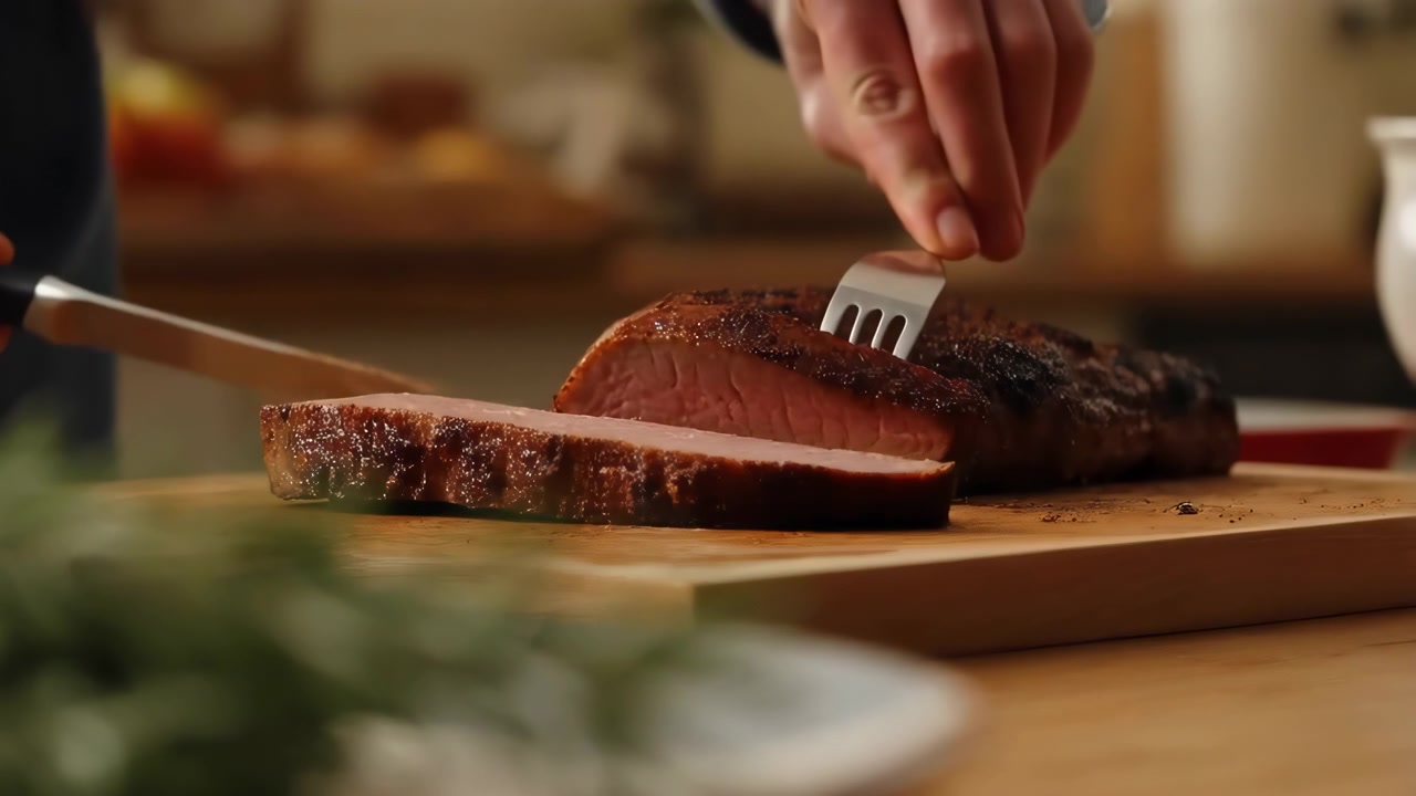 Low-angle close view of cooked meat being sliced on wooden cutting board while fork holds piece steady and knife makes clean cut, fresh rosemary sprigs rest beside plate, with warm light, rustic