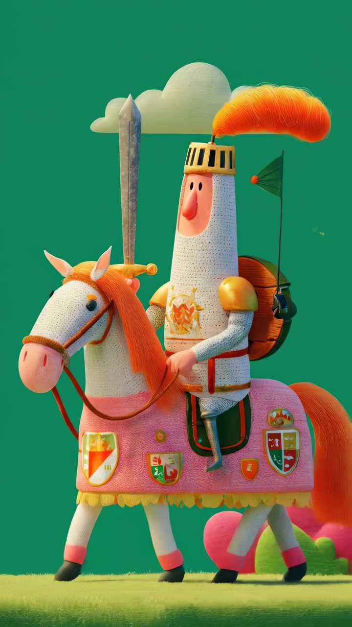 Cavaliere animato a cavallo in un paesaggio fantastico