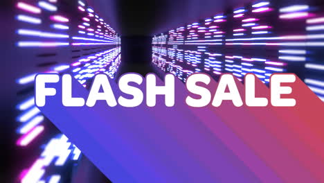 flash sale text animation over colorful neon lights in futuristic tunnel