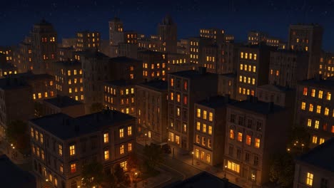 Stunning Nighttime Urban Landscape Featuring a Vibrant Cityscape with Illuminated Buildings, Starry Sky, and Serene Streets in a Lively Neighborhood Setting
