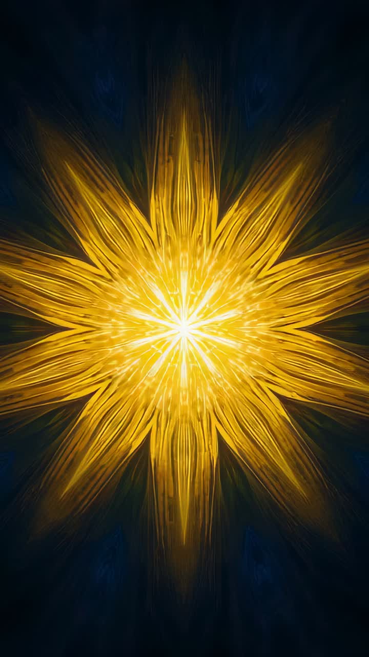 Vertical video: Rolling gold star growing, glowing core radiating rays on dark bg, filling frame