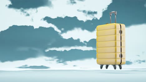 yellow suitcase, 3d render, animation, cloudy sky timelapse, travel, holiday background